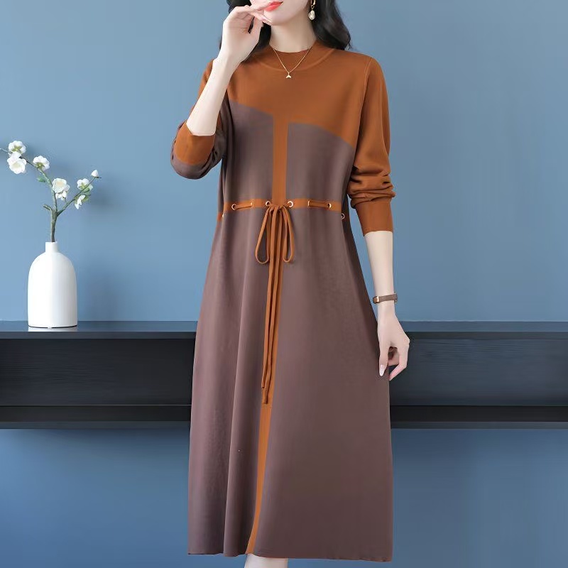 plus size women's new long sleeve high waist printed dress mid-length skirt D02407