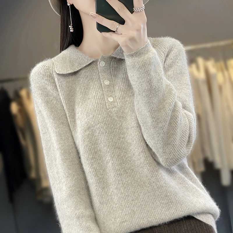 RONGYI Autumn And Winter New 100 Mink Cashmere Lapel Womens Solid Color Loose Pullover Knitted Padded Warm Long Sleeve TopT251027