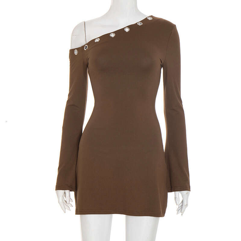 Women's Autumn Winter New Solid Color Asymmetrical Neck Hollow Out Ring Flared Long Sleeve Off Shoulder Dress