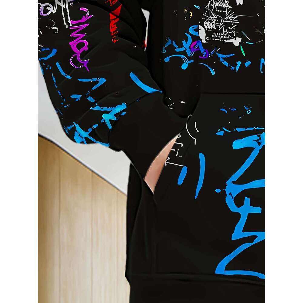 Men's Hooded Zip-Up Sweatshirt With Graffiti Print - Winter Jacket Long Sleeve Casual Sportswear, Regular Fit Hine Washable Urban Streetwear For 