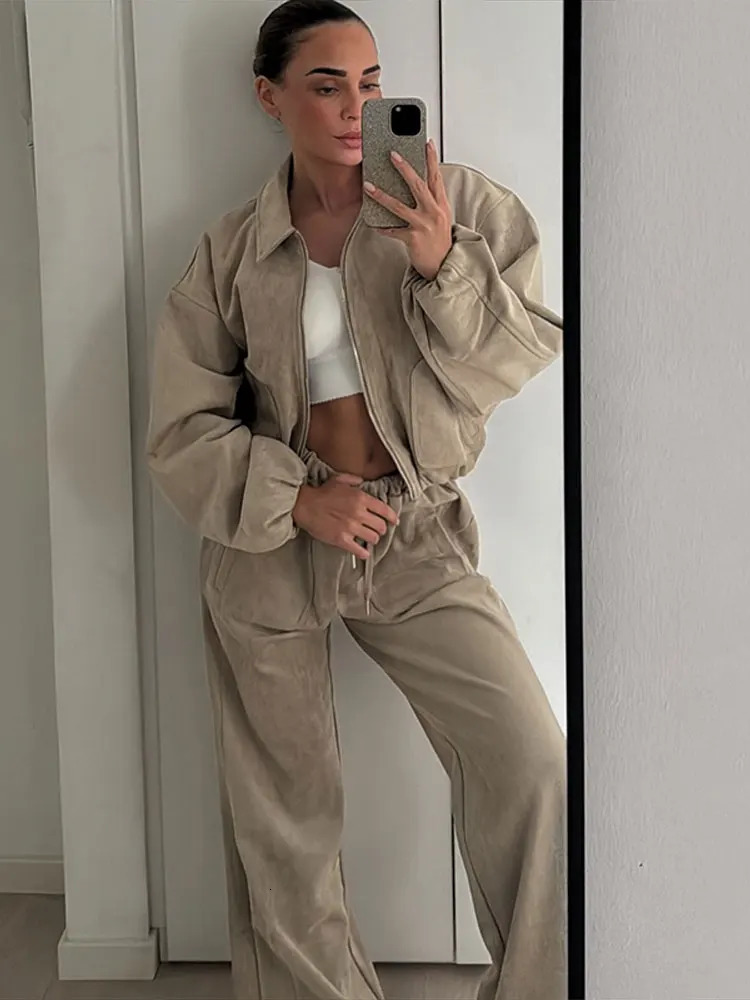 Casual Womens Jacket Pants Suits Zipper Lapel Pocket Jackets Long Straight Trousers Set Autumn Winter 2 Pieces Sets Female 251027