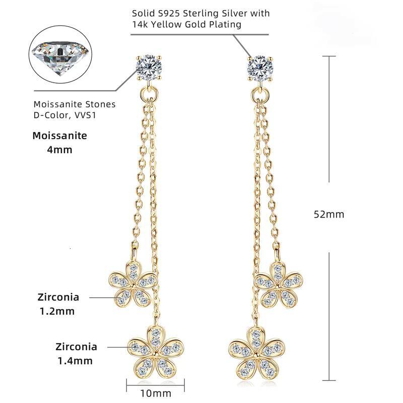 Sunflower Exquisite Moissanite 925 Sterling Silver Tassel Chain Dangle Earrings for Women with GRA Certification