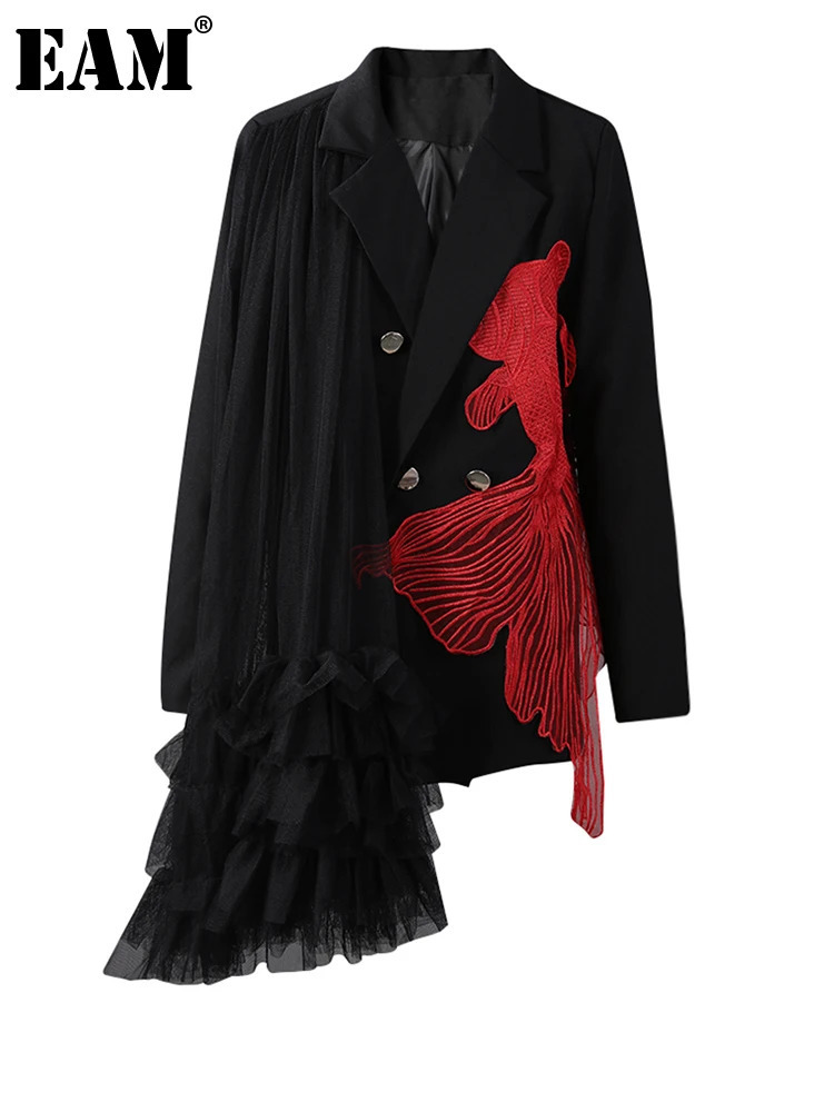 EAM Women Black Mesh Irregular Fish Spliced Big Size Blazer Lapel Long Sleeve Jacket Fashion Spring Autumn CPG2902 251027