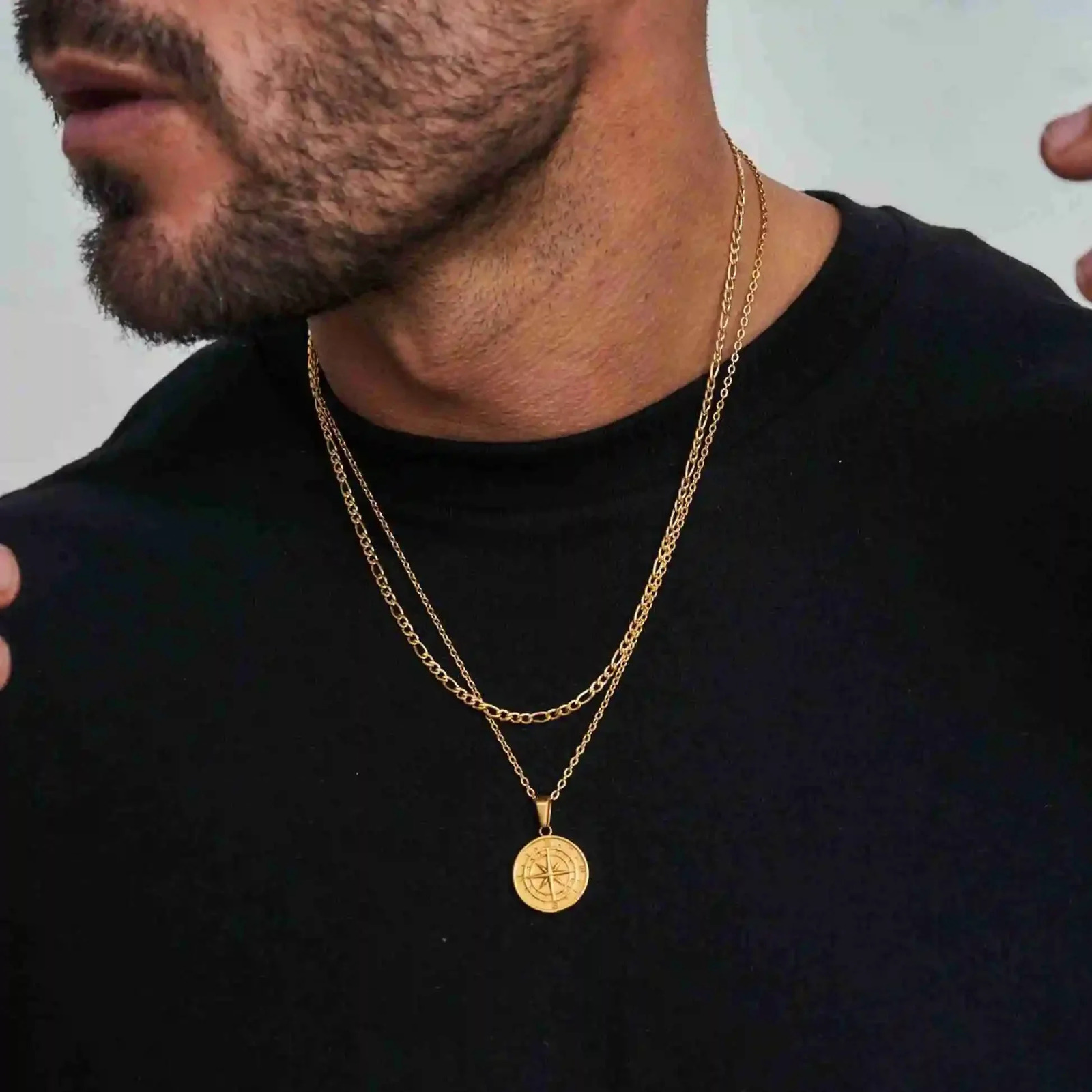 Gold Compass Necklace for Men Layering Stacked Cuban Figaro Chain Necklaces Casual Punk Kpop Stainless Steel Jewelry Boy Collar 251020