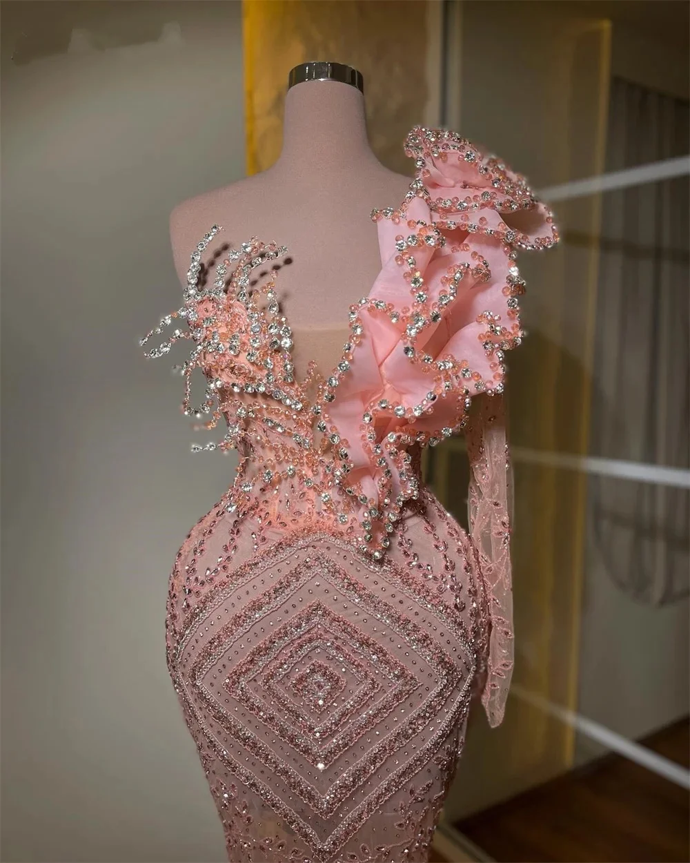 Graceful One Shoulder Prom Gowns Floor Length Crystals Beadeds Mermais Evening Dresses Birthday Party Customized