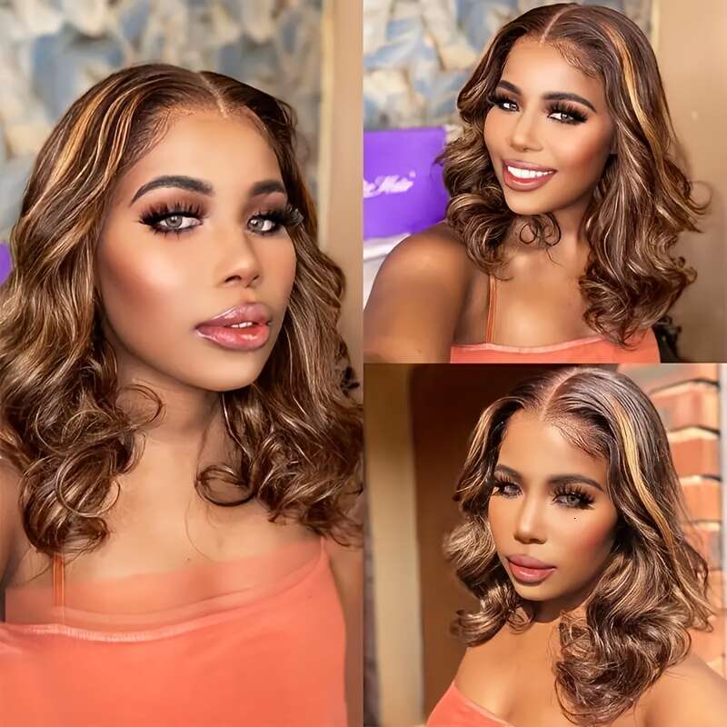 Women's Honey Ombre Bob Natural Roots Ends, Brazilian Human Hair Lace Wig With Pre-Plucked Front Baby Hair, 13X4 HD Density, Gradient, Loose Wave