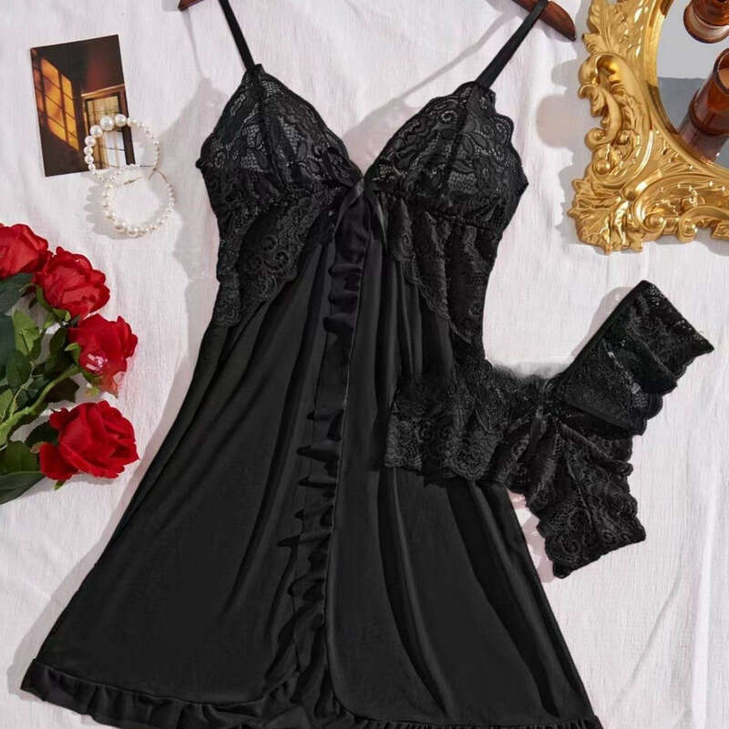 Lace Sexy Lingerie Underwear Sexy Red Ice Silk Lace Pamas Female Suspender Skirt Hot Transparent Suspenders Pure Desire Style Nightdress