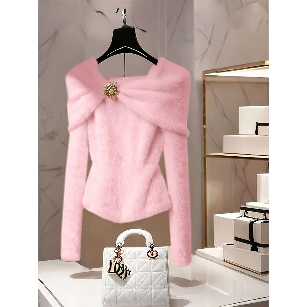 Elegant Off-Shoulder Sweater Soft T-Shirt With Belt, Chic Layering Top For Fall/Winter, All-Season Formal & Everyday Outfits - Women's Clothing, 