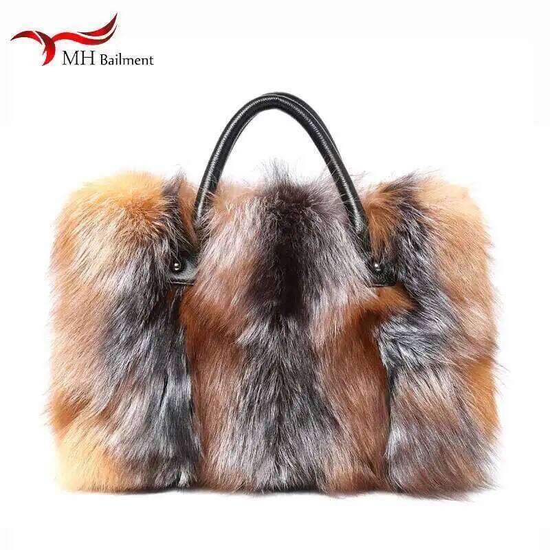 Autumn Winter New 100% Fox Shoulder Diagonal Package Female Fashion Handbag Ladies Brand Furry Big Fur Bag