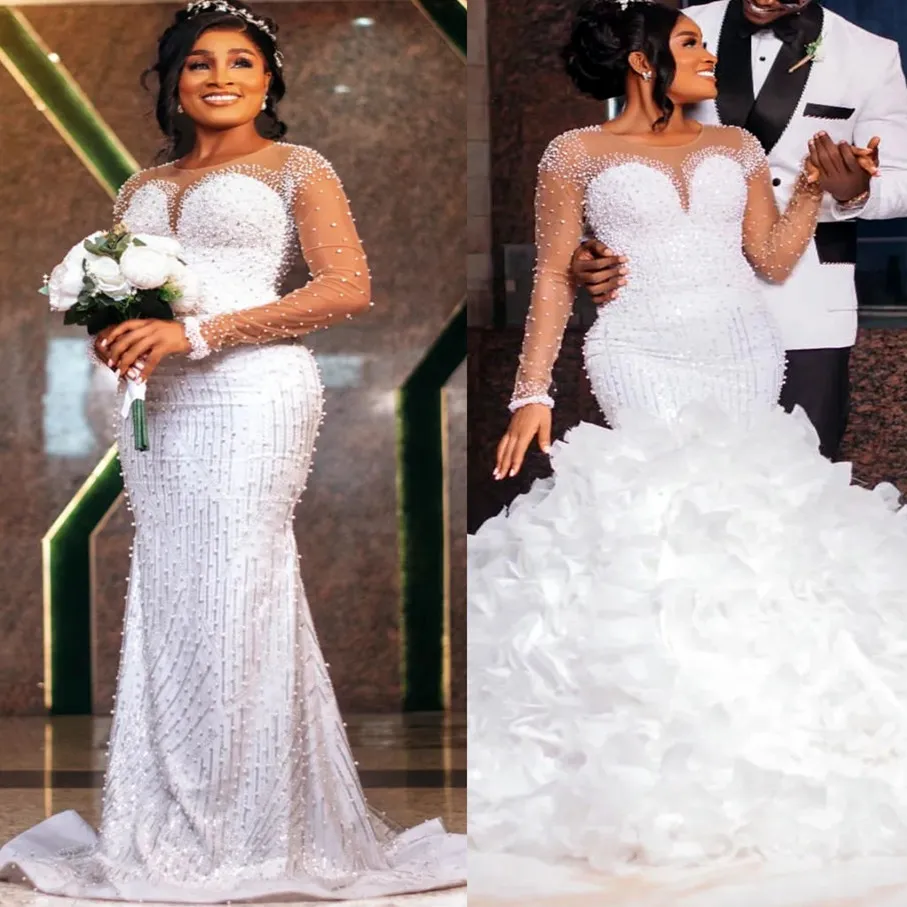 Arabic Aso Ebi Plus Size Mermaid Wedding Dress in Ivory with Full Lace Pearls Detachable Train and Full Sleeves