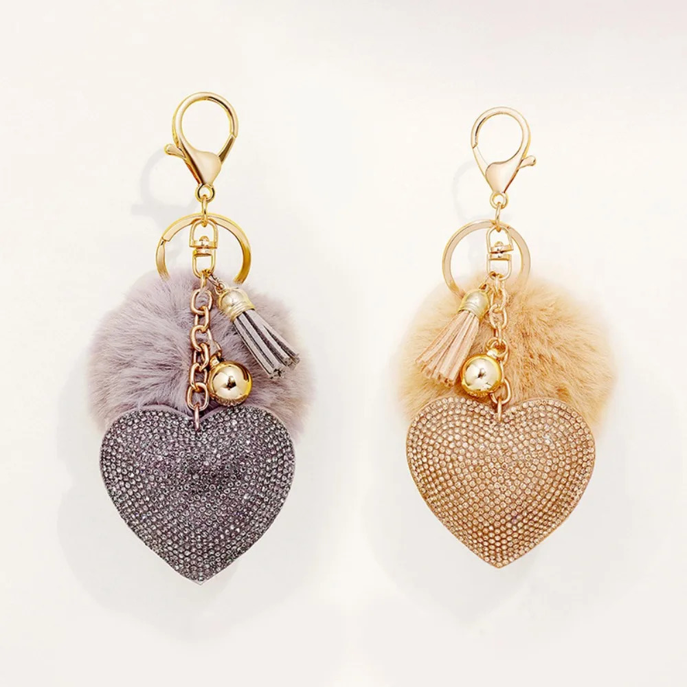 Rhinestone Heart Plush Ball Keychain Alloy Faux Fur Bag Pendant Solid Color Key Chain 251021