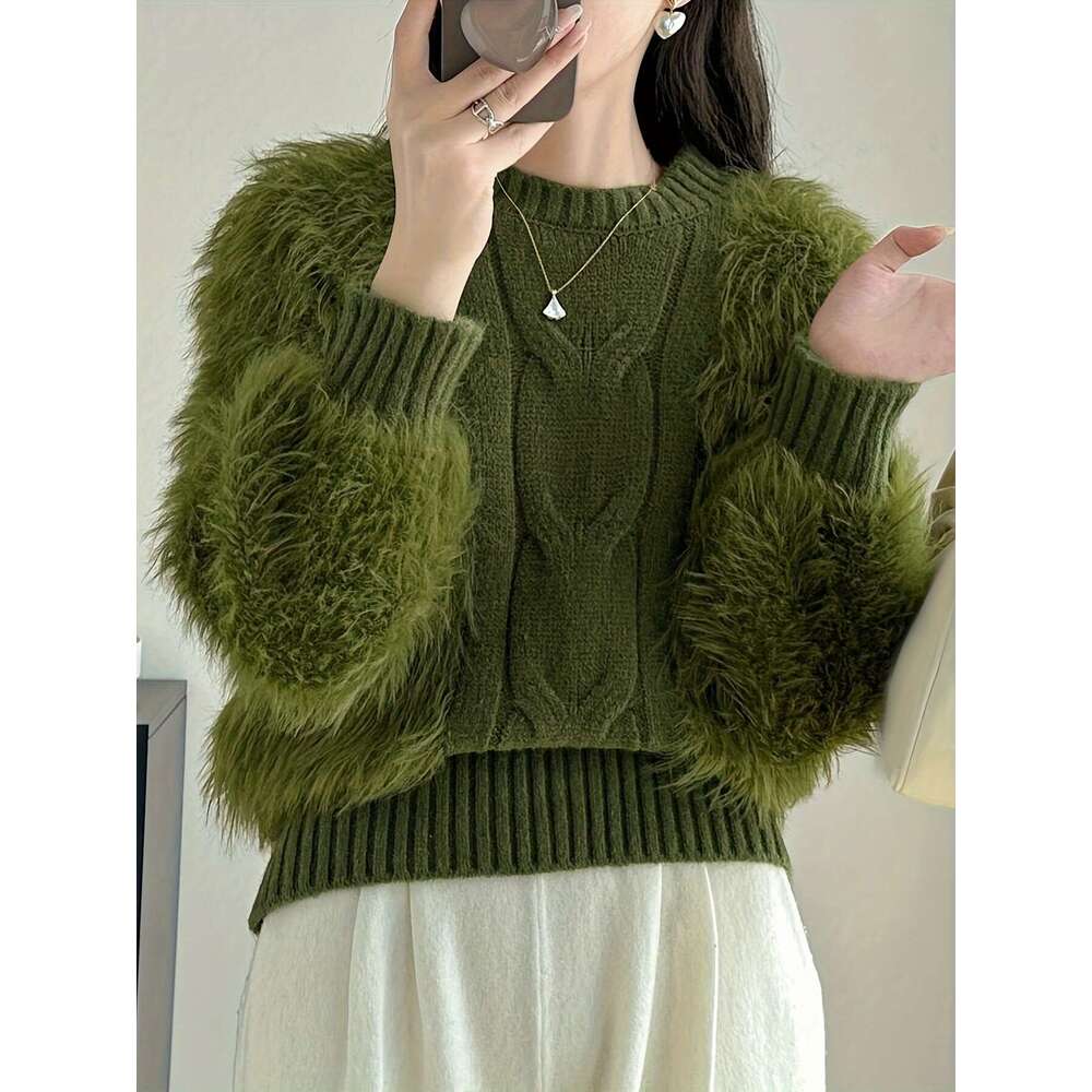 Cozy Plaid Knit Sweater Women - Pullovers With Faux Fur Sleeves, Ribbed Details, Round Neck, And Soft Polyamide Fabric For Autumn/Winter Season