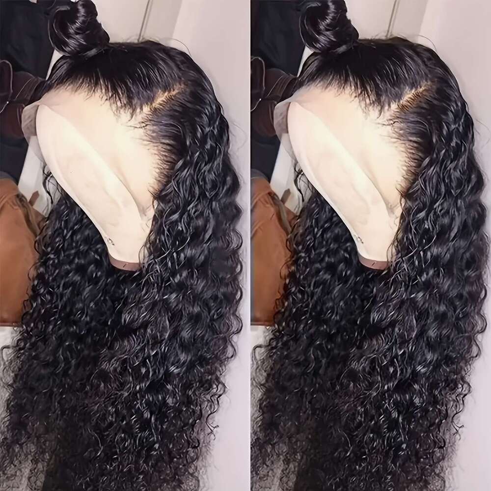 Black 200% Density Long Heat Resistant 13X4 Front Women - Pre-Plucked Hairline, 24 Inch Deep Water Wave Synthetic Lace Frontal With Transparent HD Lac