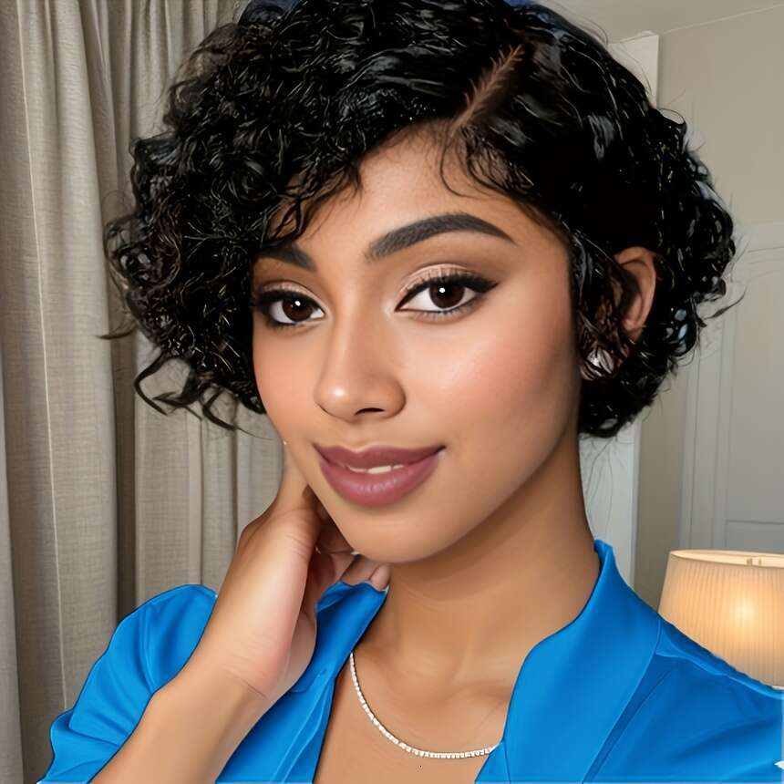 Women's Jerry Curl Remy Human Hair Wig 150% Density Pixie Cut With Transparent Frontal Lace 13X4x1, Pre-Plucked Hairline & Any Part Natural Look 