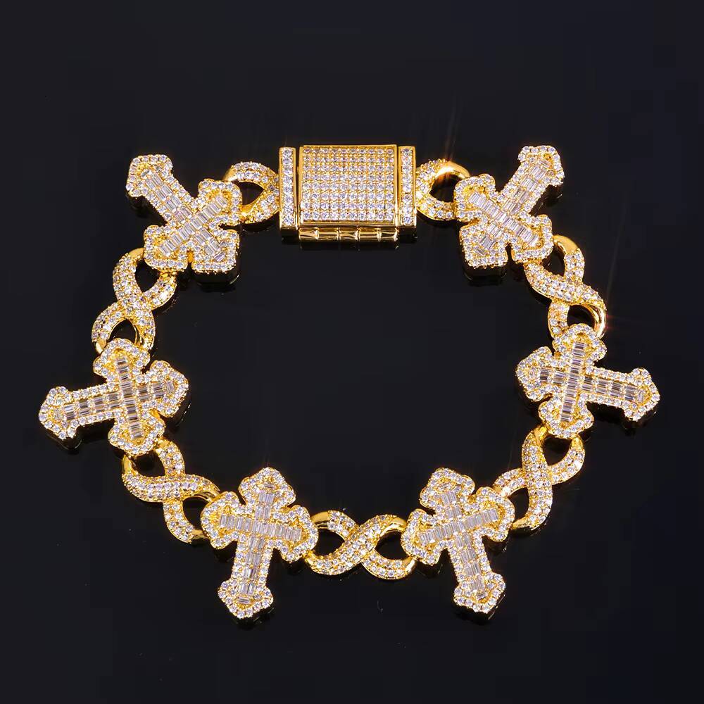 NUOYA Fine Jewelry 15MM Iced Out Chain Gold Plated Flip Lock Cross 8 Character Infinity Charm Bling CZ Bracelet