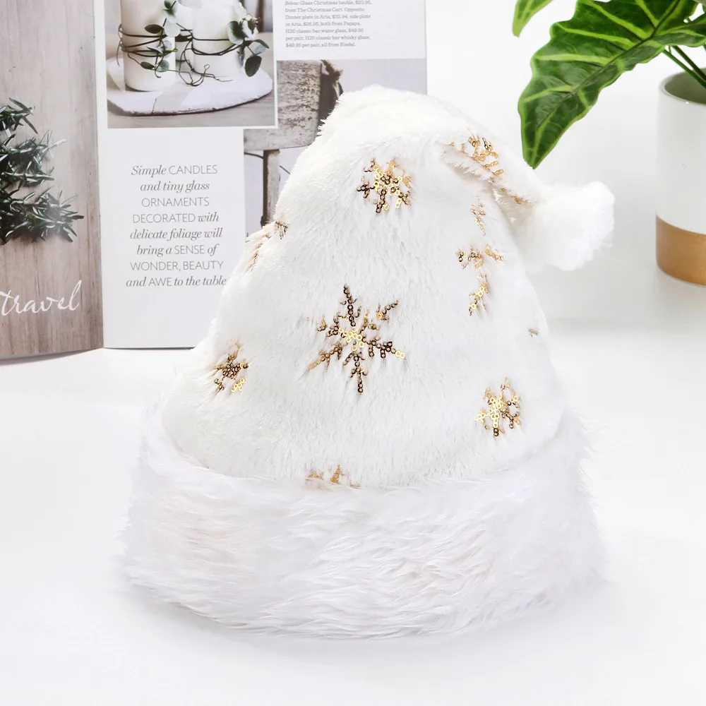 2025 NEW 3240cm White Plush Christmas Hat Gold Silver Beads Embroidered Adult Christmas Hat Holiday Home DecorationsW251027