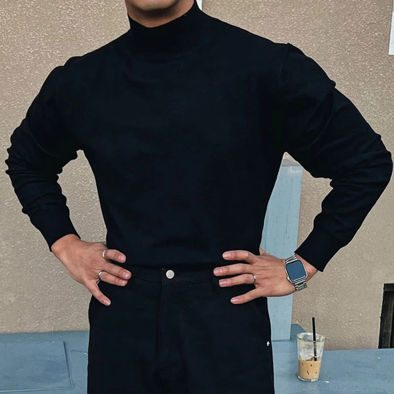 Korean Fashion Turtleneck Slim Sweaters Mens Casual Solid Color Bottoming Knit Tops Men Spring Fall Stylish Long Sleeve Sweater 251016