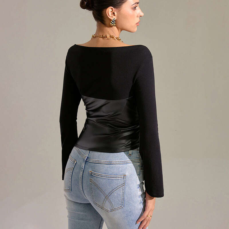 Women's Fashion Autumn New Round Neck Knitted Tube Ruched Leather Patchwork Flared Sleeve Top