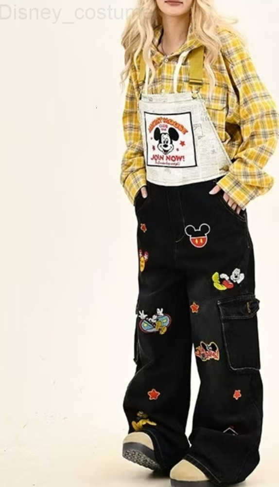 Disney Mickey Mouse American Style Vintage Jeans Fun Cartoon Embroidery Men Women Loose Overalls Trendy Versatile Denim Jumpsuit H251027