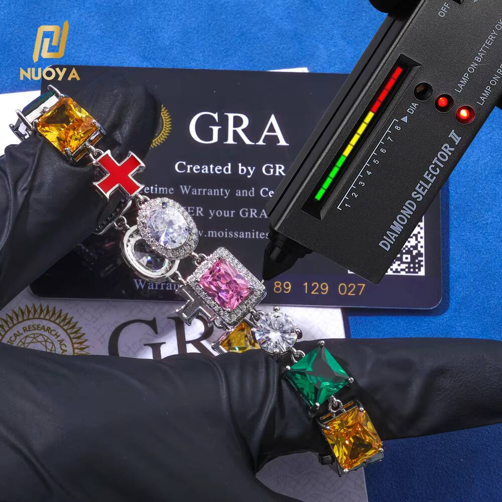 NUOYA VVS Moissanite Oil Drop Cross Chain Bracelet 10mm 925 Silver Multi Color Enamel Geometric Motif Iced Out Hip Hop Jewelry