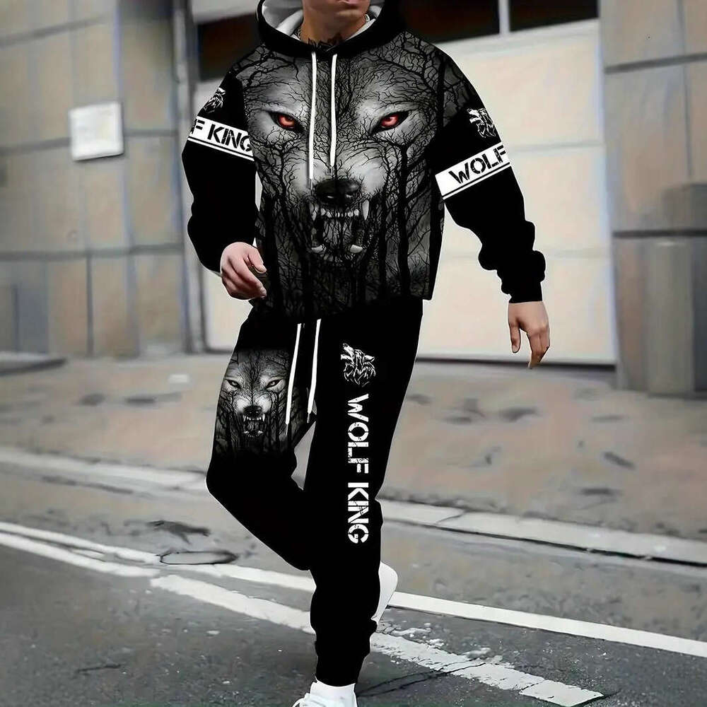 Autumn Winter American Style Hooded 3D Digital Print Sweatshirt Sweatpants Jacket Men's Trendy Hoodie Sports Set Men