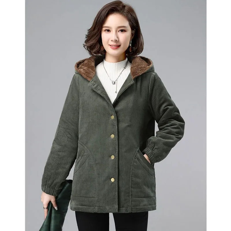 Women Corduroy Jackets Autumn Winter Solid Loose Coat Female Casual MiddleAged Plus Velvet Warm Hooded Ladies Overcoat 251027
