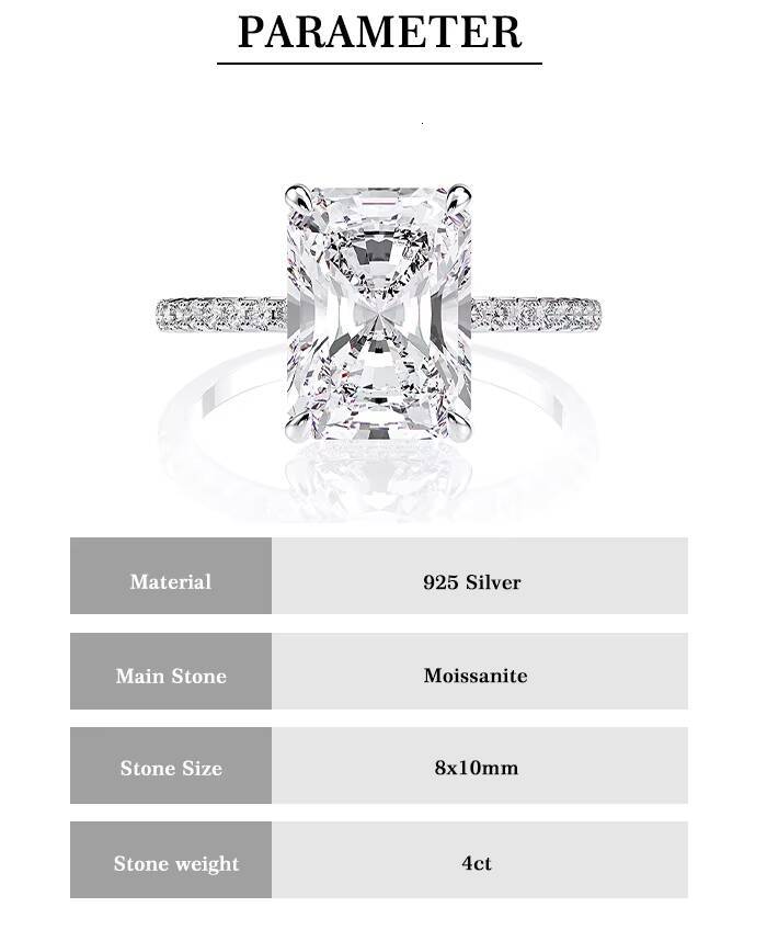 Luster 925 Silver White Gold Plated 4ct Radiant Moissanite Engagement Jewelry 10K 14K Gold Moissanite Ring With Certificate