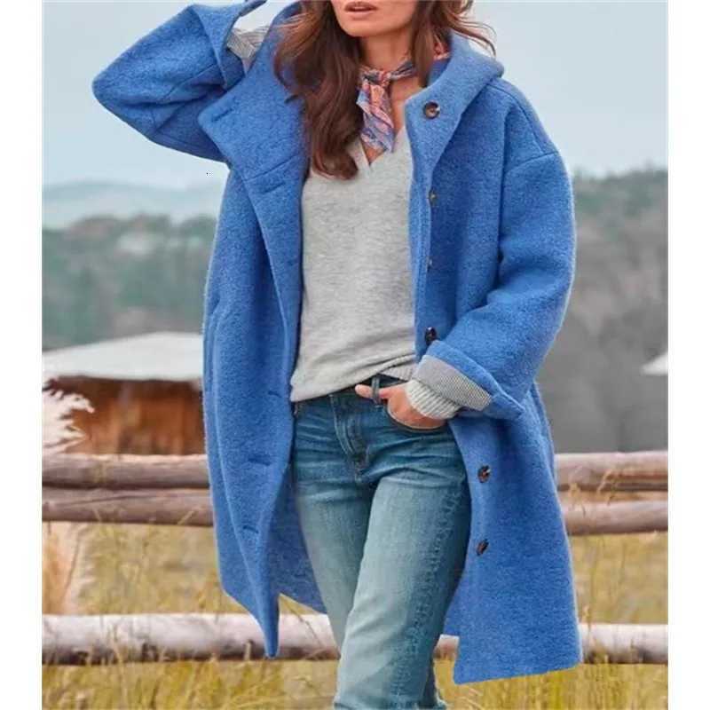 Women Solid Color Loose Cardigan Trench Coat Autumn Winter Woolen Coat Women Long Sleeve Single Breasted Hooded Woolen Long Coat M251027