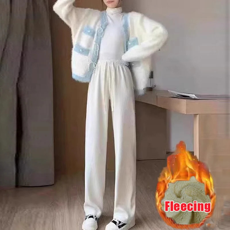 Lamb Fleecing High Waist Straight Wide Leg Pant Solid Casual Warm Long Winter For Womens Pants Clothes Trouser Office Lady 251027