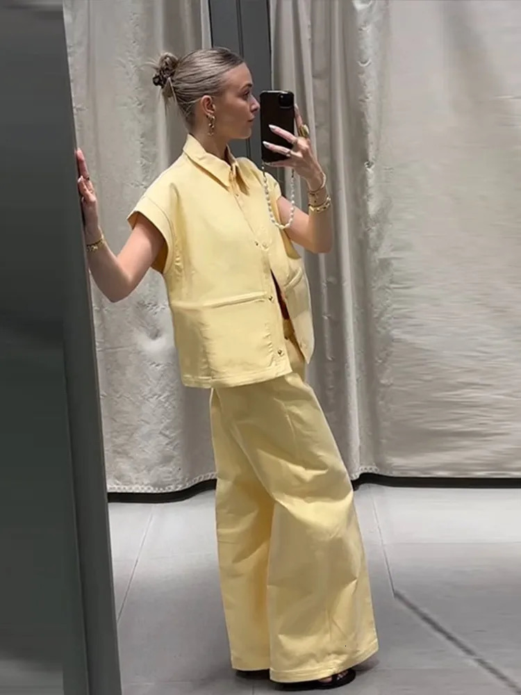 Street Fashion Vest Pants Sets Women Lapel Short Sleeve Singlebreasted Waistcoat Wide Leg Trousers 2025 Summer Casual Outfits 251013
