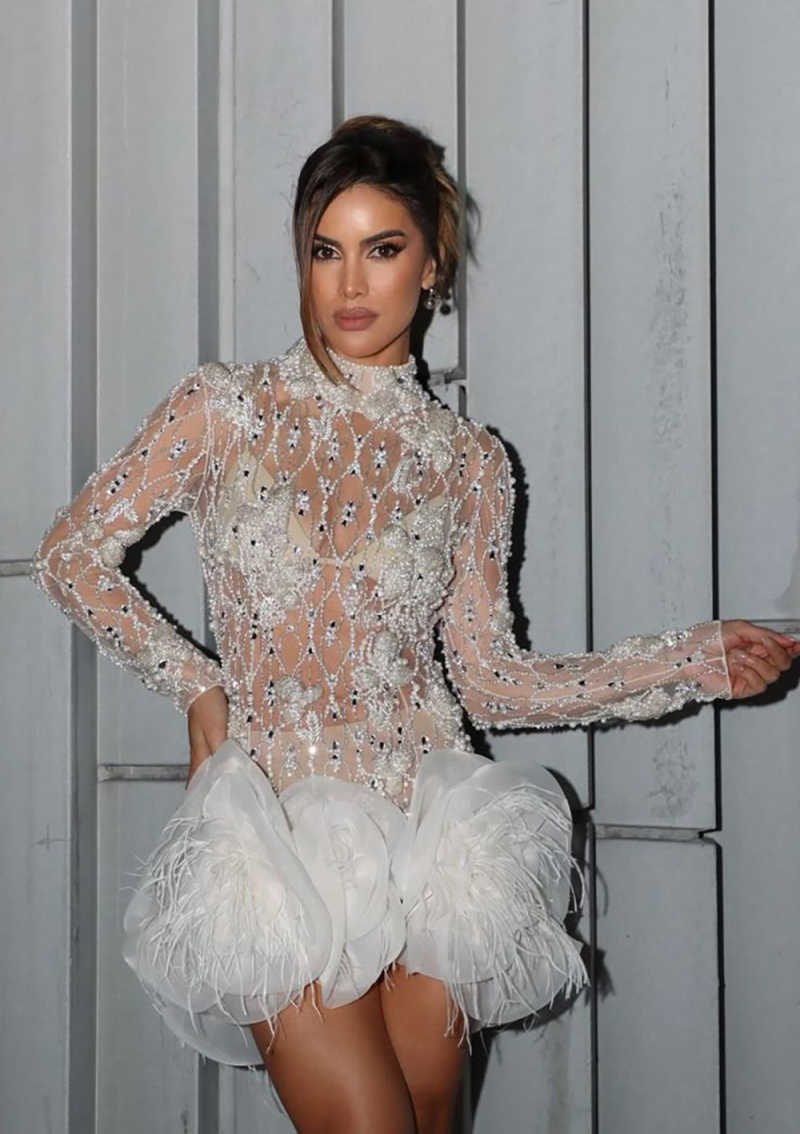 Modern Short Evening Dress Full Sleeve Feather Prom Gowns High Neck Beads Lace Sexy Prom Dress vestidos de novia Size Customized L252806