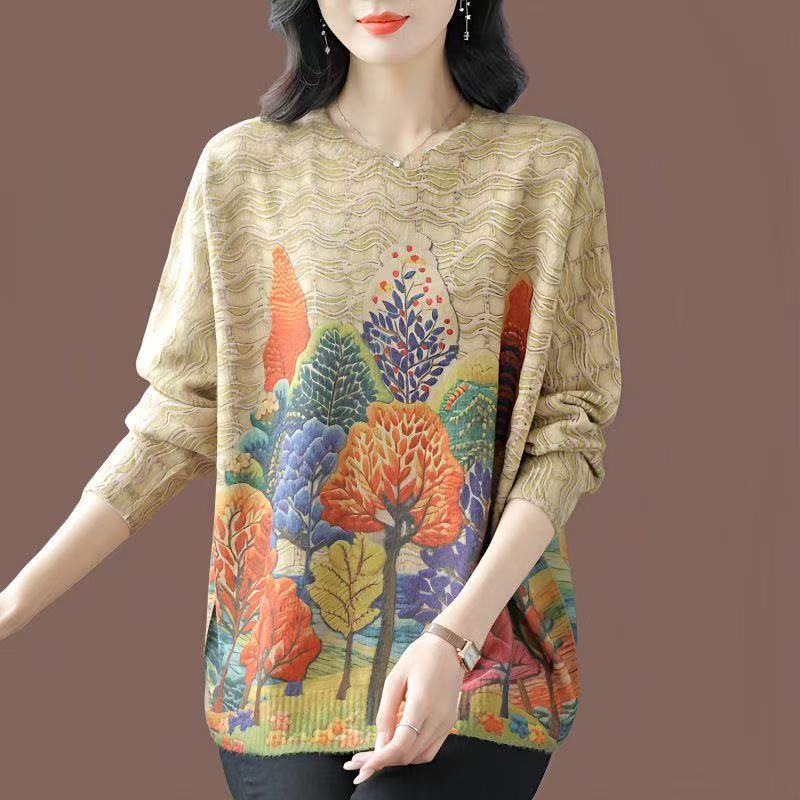 plus size women's new long sleeve high waist printed banquet dress mid-length skirt D02761