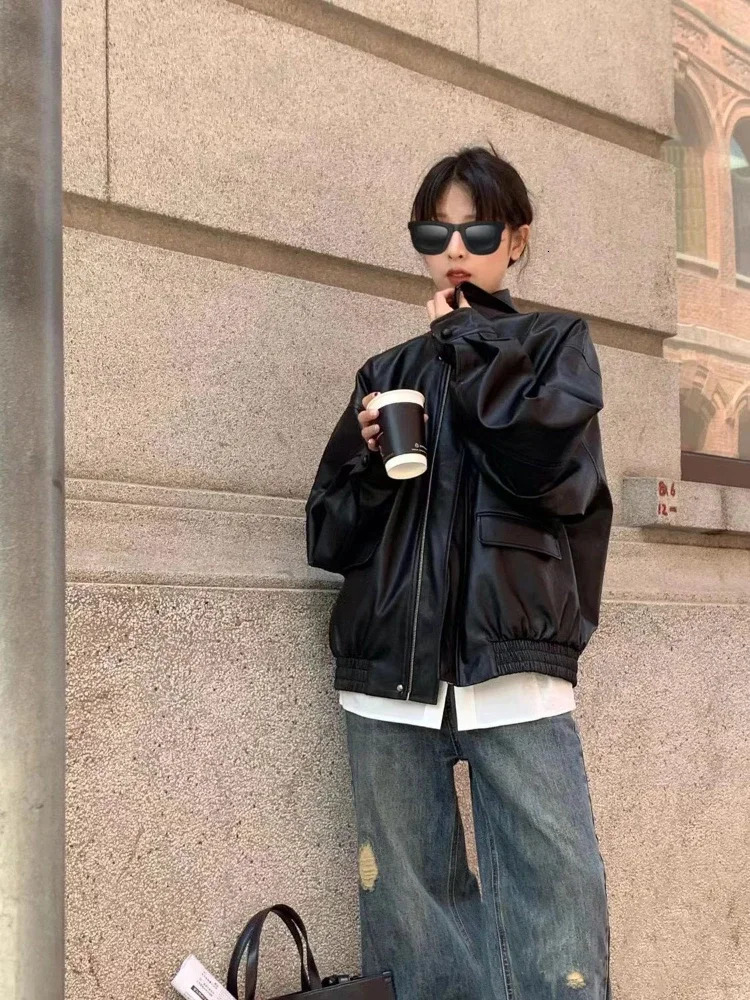 Vintage PU Leather Jacket Women High Street Techwear Oversized Moto Biker Coats BF Punk Loose Casual Cropped Outerwear 251023