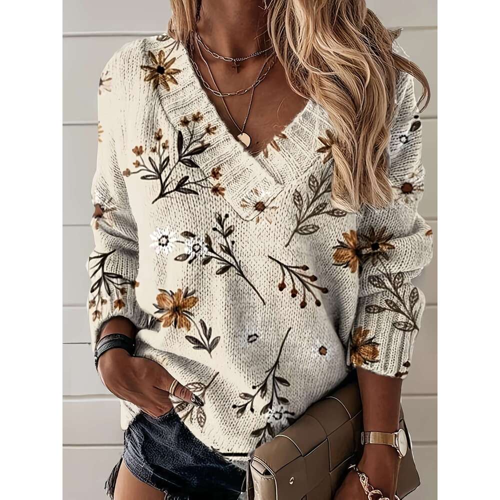 Women's 3D Print V-Neck Sweater - Fashion All-Over Brown Beige Floral Pattern, Soft All-Season Versatile Casual & Wear, Cute Sweater, Formal Atti