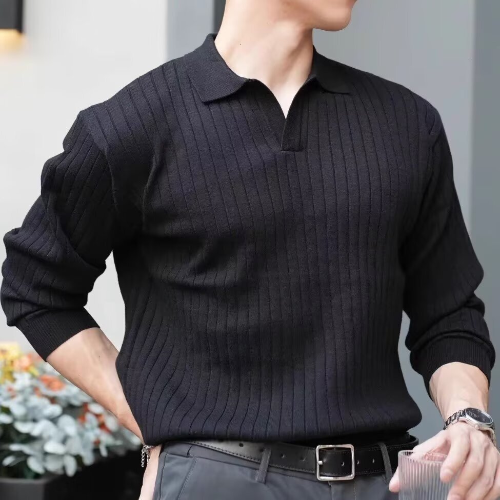 Light Mature Style Spring And Autumn New Korean Men's Solid Color Ribbed Designer Sweater Stretch Turn-down Collar Pullover Slim Fit Knitted Swea