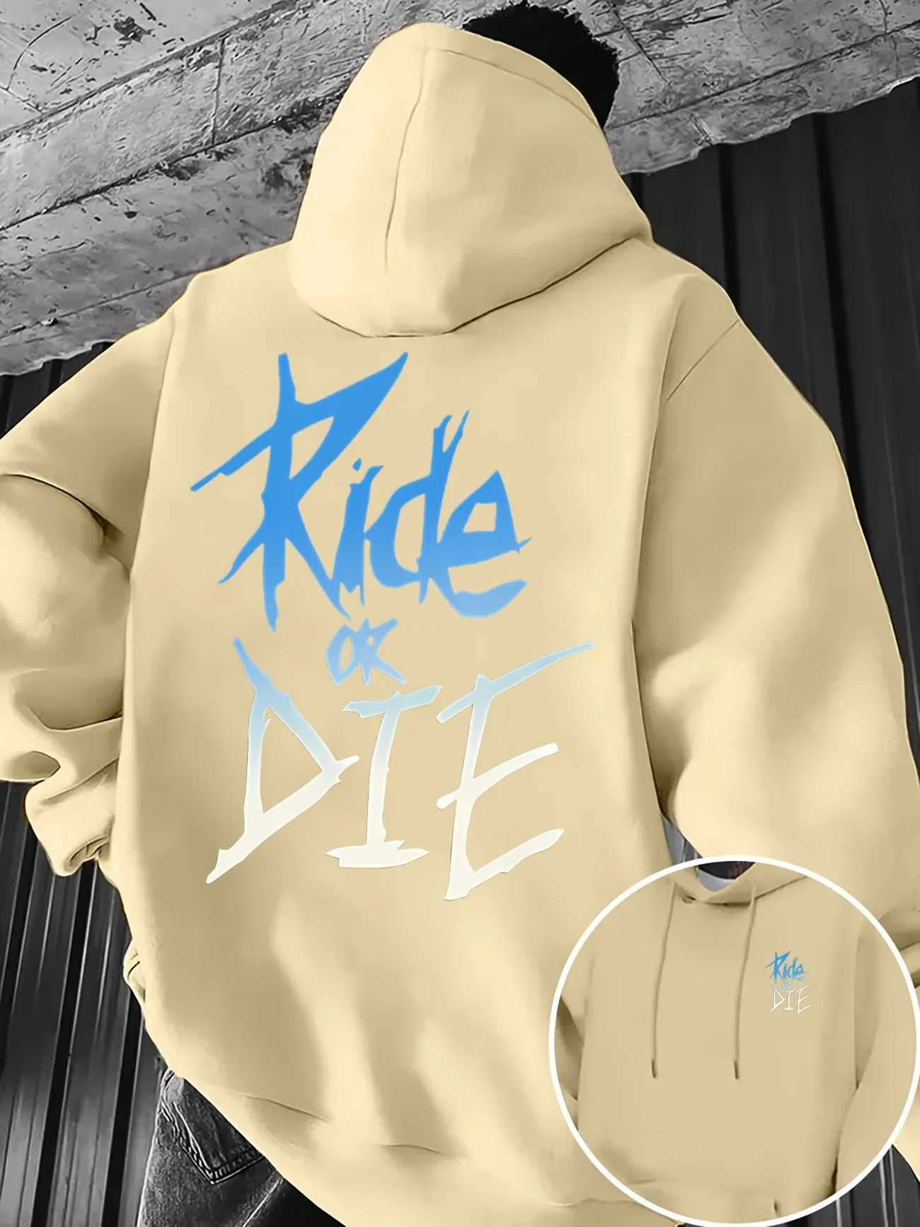 Mens Hoodie with Ride or Die Lettering Print Adult Pullover Sweatshirt Street Casual Comfortable HipHop Long Sleeve Top W251027
