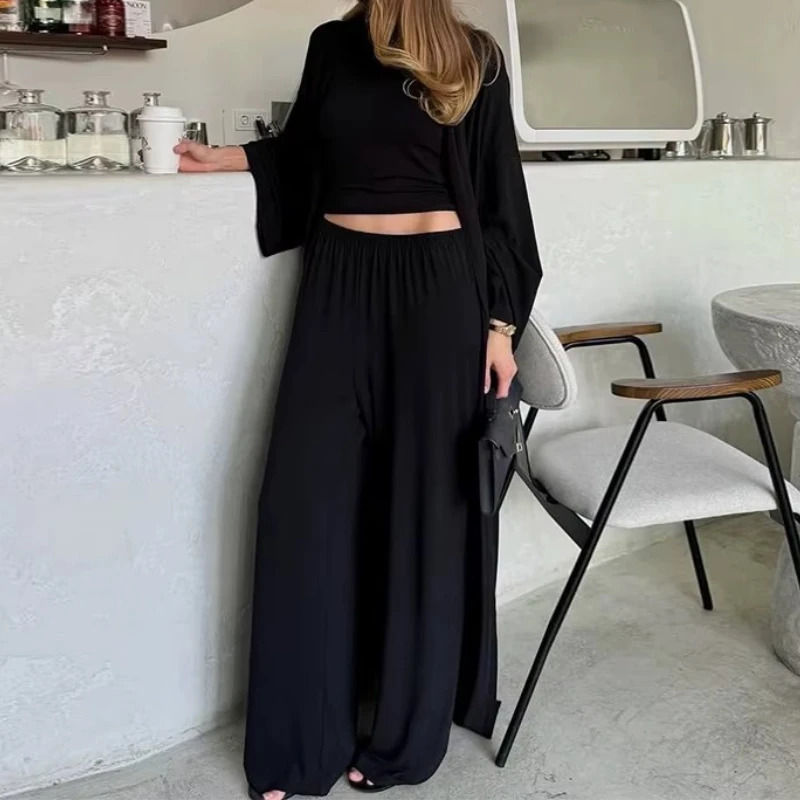 Womens 2025 Summer Casual Long Cardigan Long Sleeve Top High waisted Trousers Fashion Set 251013