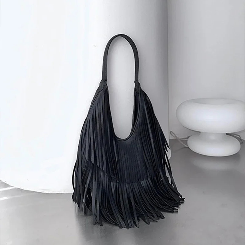 Long Tassel Hobo Underarm Shoulder Bager Large Capacity Women Tote BagTrendy Solid Color Soft PU HandbagBlackBrown 251027