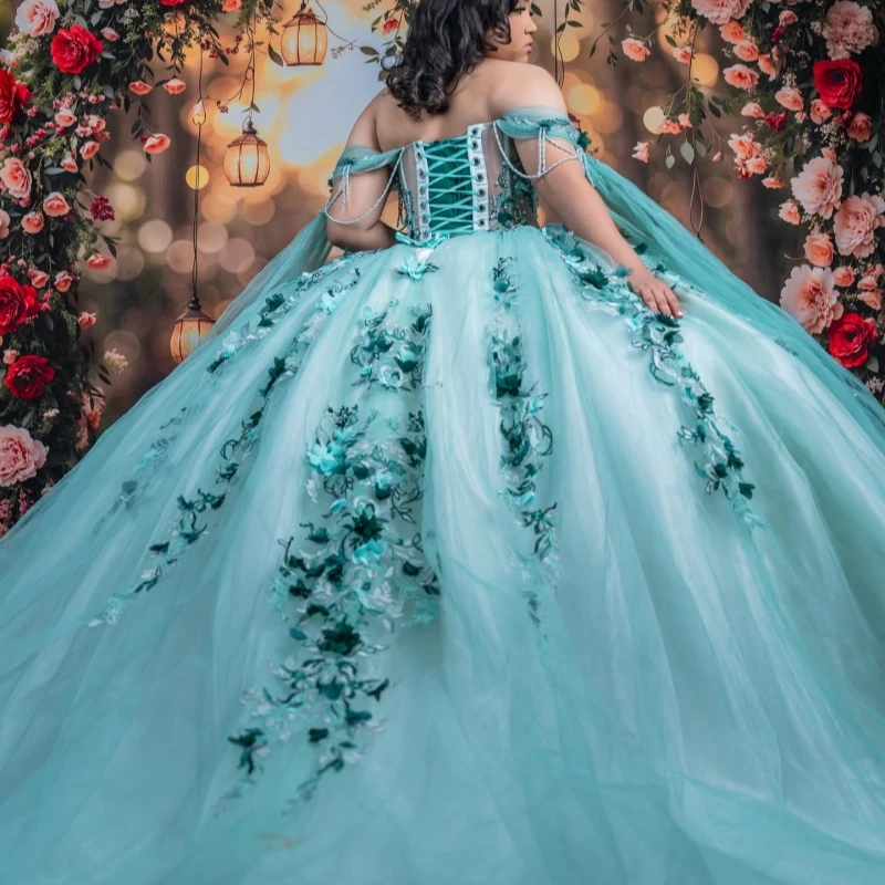 Aqua Blue Quinceanera Dresses Off The Shoulder Applique Flower Beading Crystal Tull Party Birthday Sweet 16 Dress Vestidos 15 De