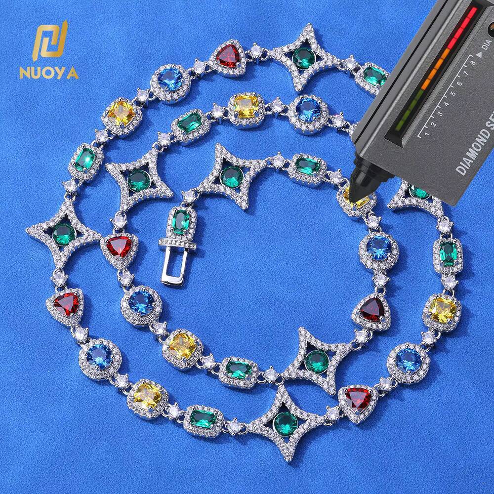 NUOYA New Arrival Colorful Zircon Chain for Women 925 Silver VVS Moissanite Geometry Motif Link Necklace Hip Hop Jewelry