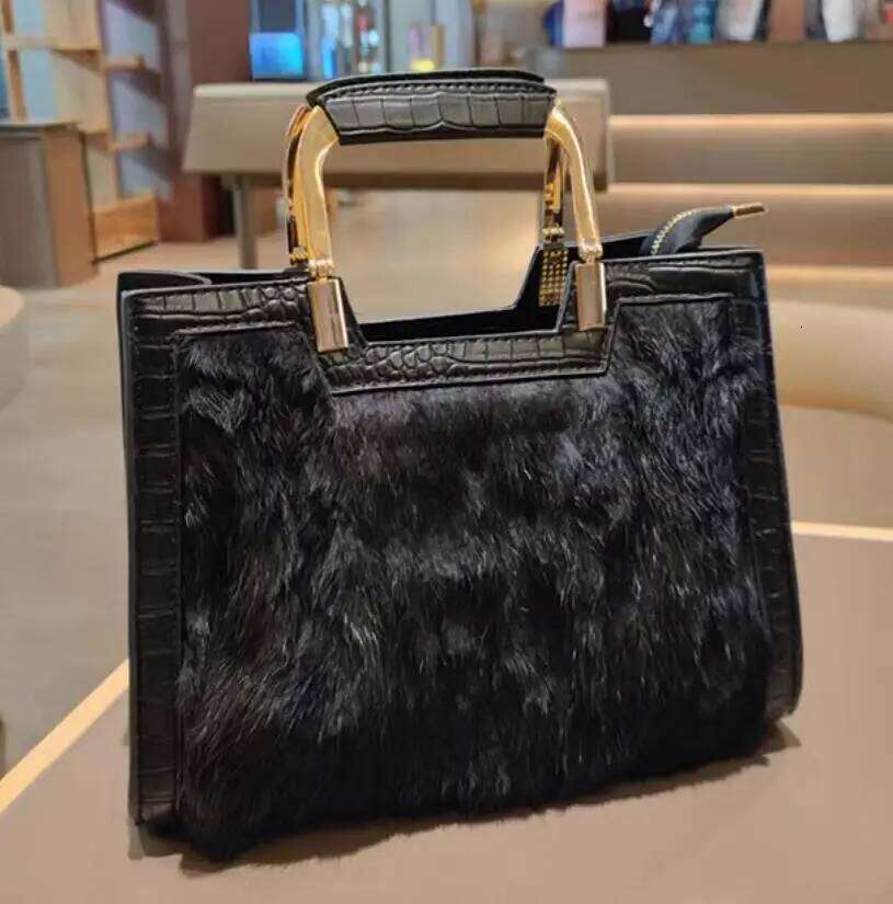 Genuine Leather Women's Handbags Fashion Real Rabbit Hair Single Shoulder Messenger Bag Large Capacity Portable Tote Bags