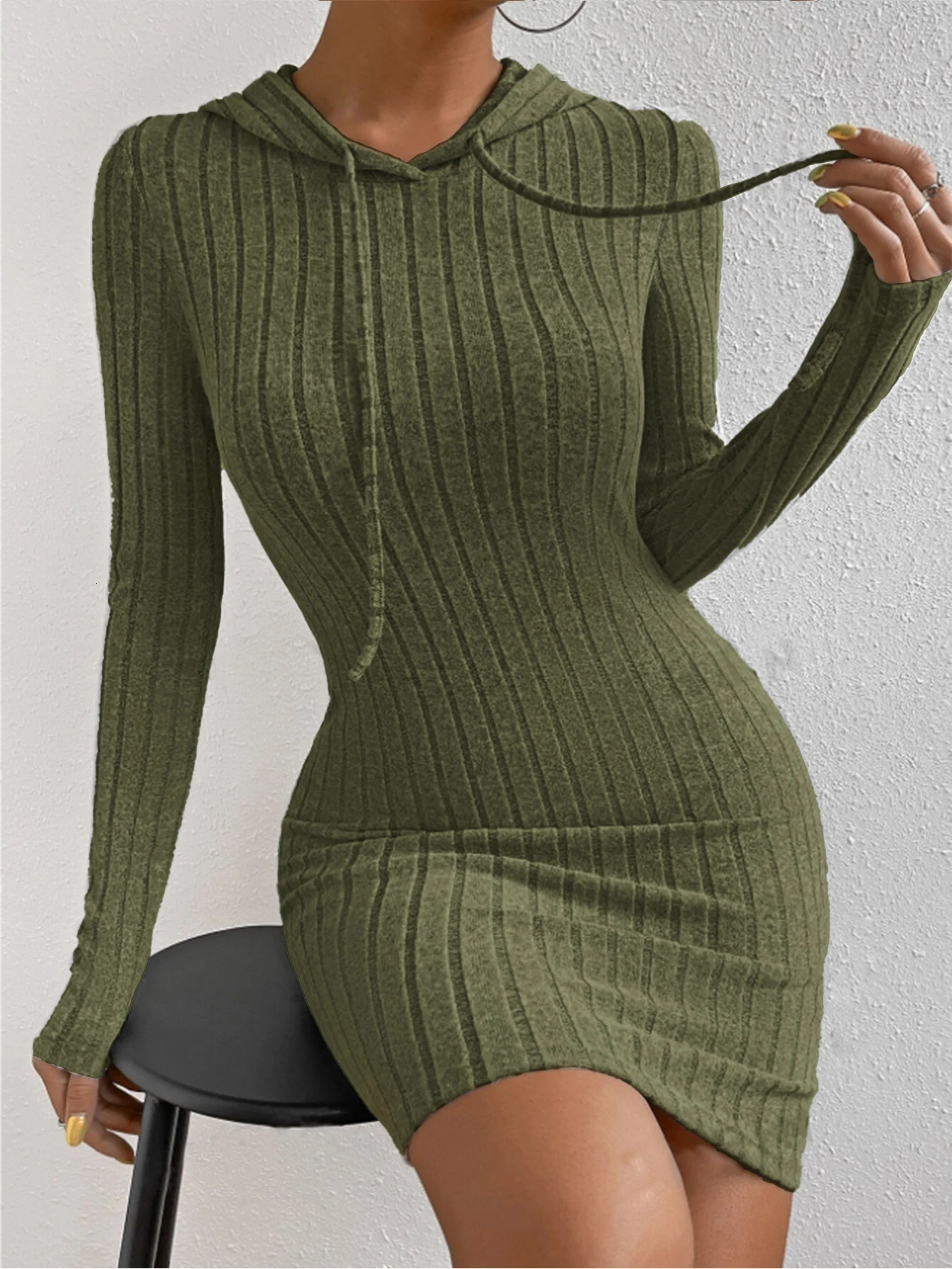 Womens Plain Hooded Drawstring Dress Casual TightFitting Long Sleeve for Spring Fall Comfortable Moderate Fabric 251027