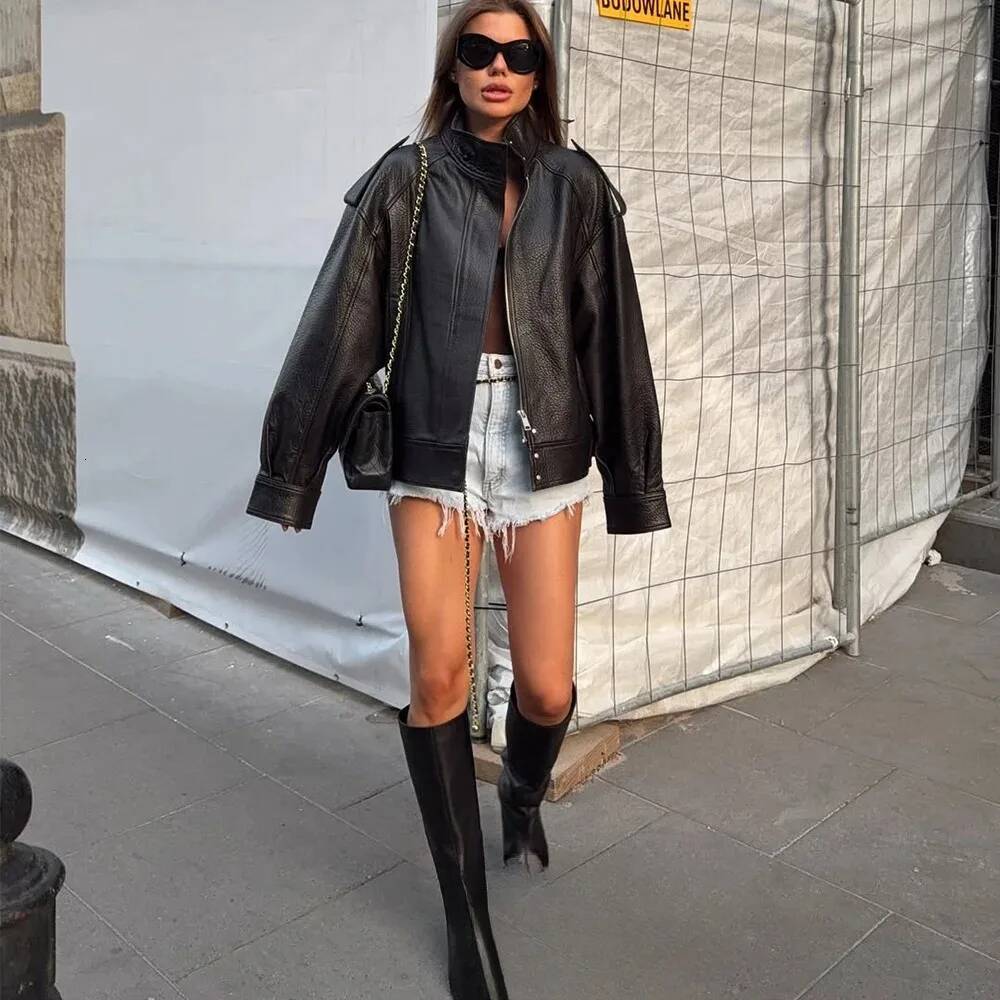 winter jacket women KONDALA Chic Black Leather Zipper Buttons Oversized Coats Fashion 2025 Fall Winter Streetwear Outwears Bomber Jackets