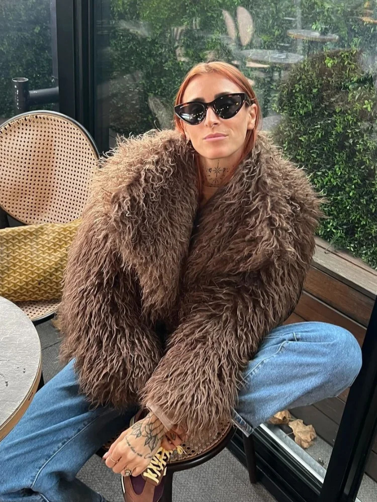 Brown Fashion Fur Coat Women Chic Fluffy Warm Long Sleeve Loose Short Jacket Winter Lady Daily Street Outerwear 251023