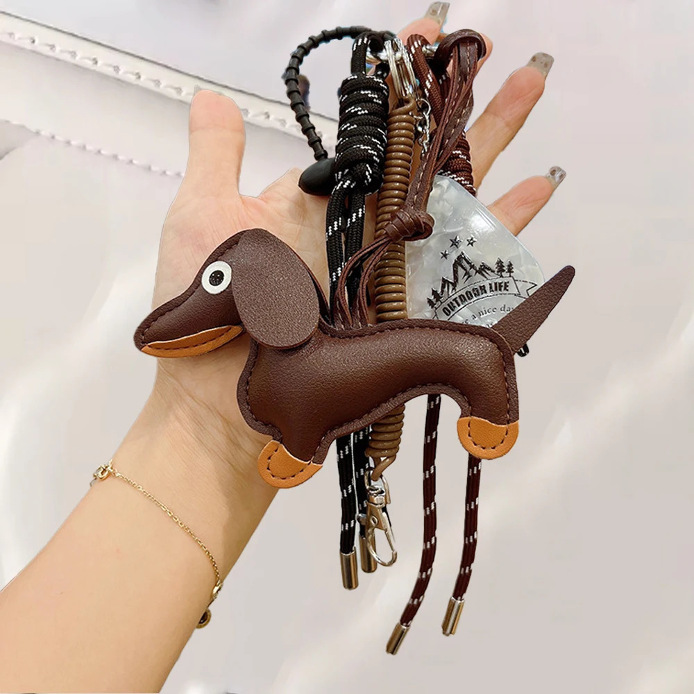 Vintage Dachshund Puppy Car Wiener Dog Keychain Bag Pendant Lanyard Chocolate Braided Rope Accessories Jewelry Trinket Key Ring 251023