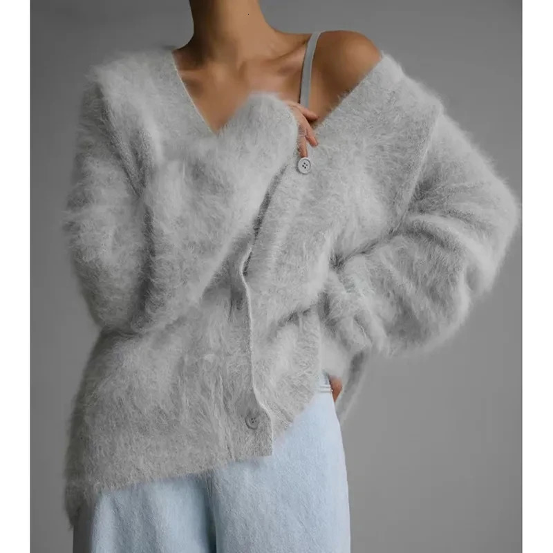 Spring Autumn Women Cardigan Sweater Jacket 2025 Mink Fur Versatile Female Sweater Vneck Loose Ladies Knitted Top 251027