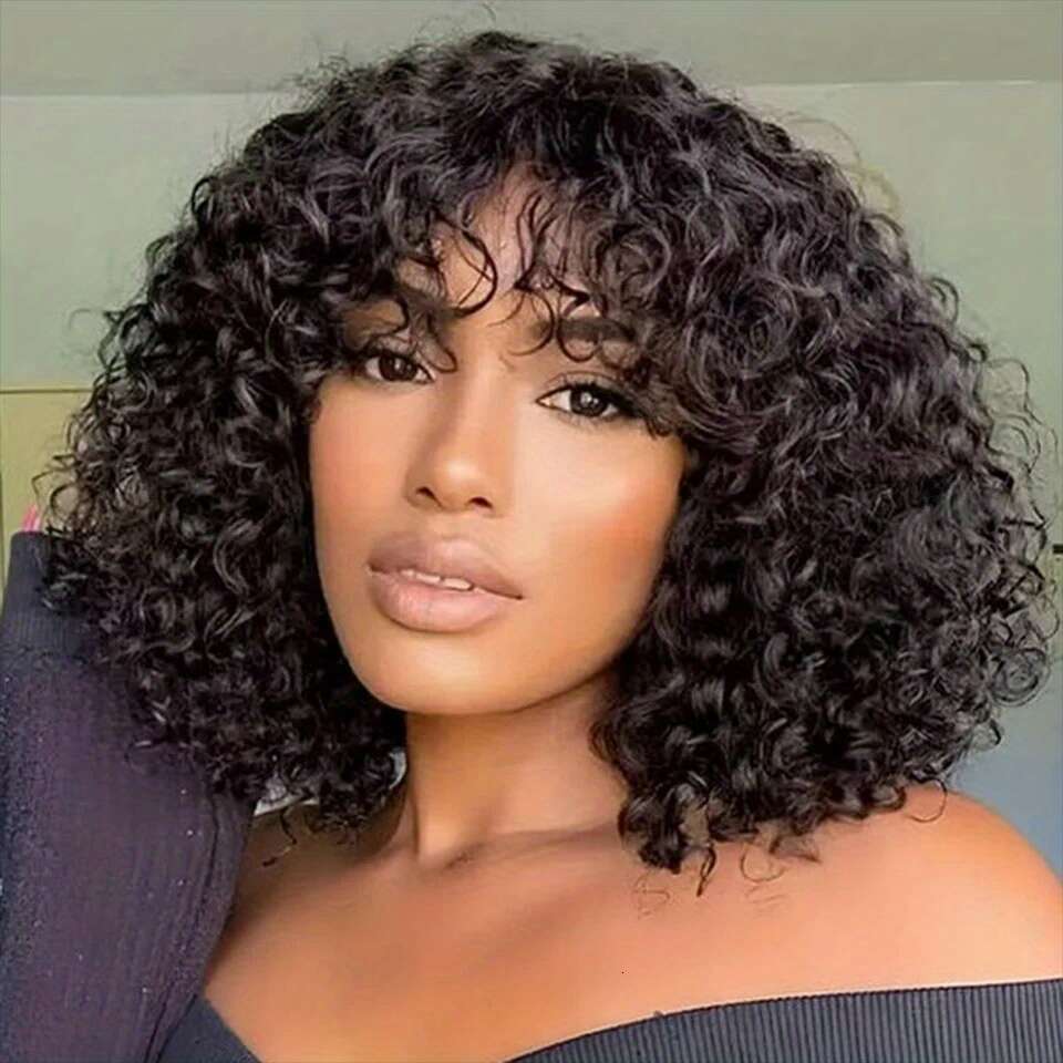 100% Brazilian Human Hair Wig - Ombre Brown Jerry Bob Bangs, Short Pixie Cut & Curly Wave, 150% Density Hairpiece For Men &, Rose Net Compatible With 