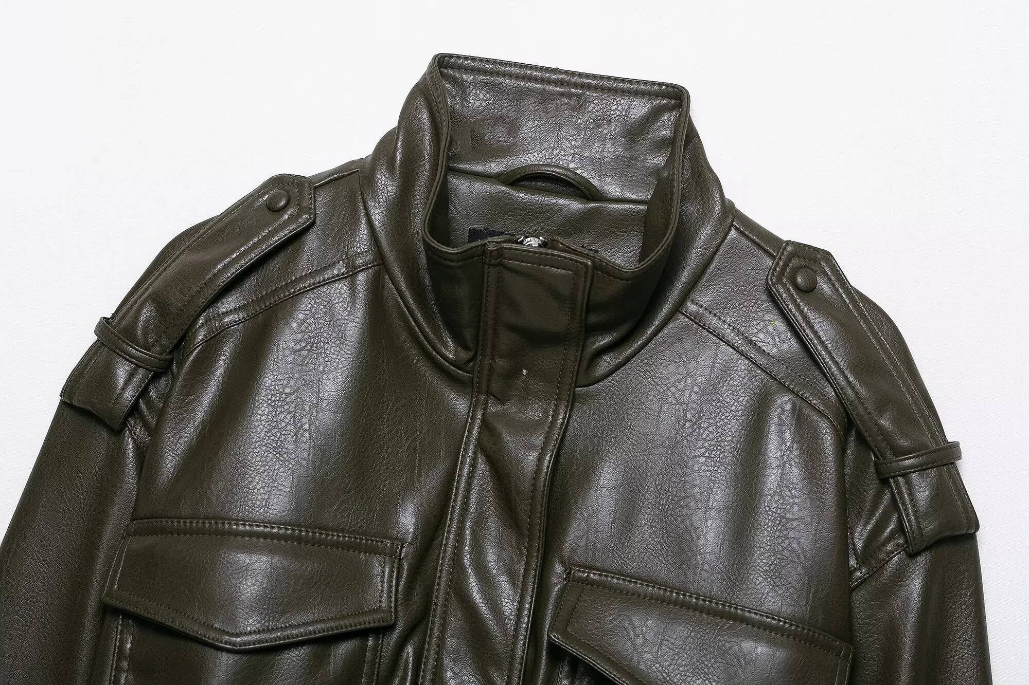 winter jacket women PB&ZA2025 autumn new women's casual fashion simple versatile shiny imitation leather stand collar long sleeve short jacket