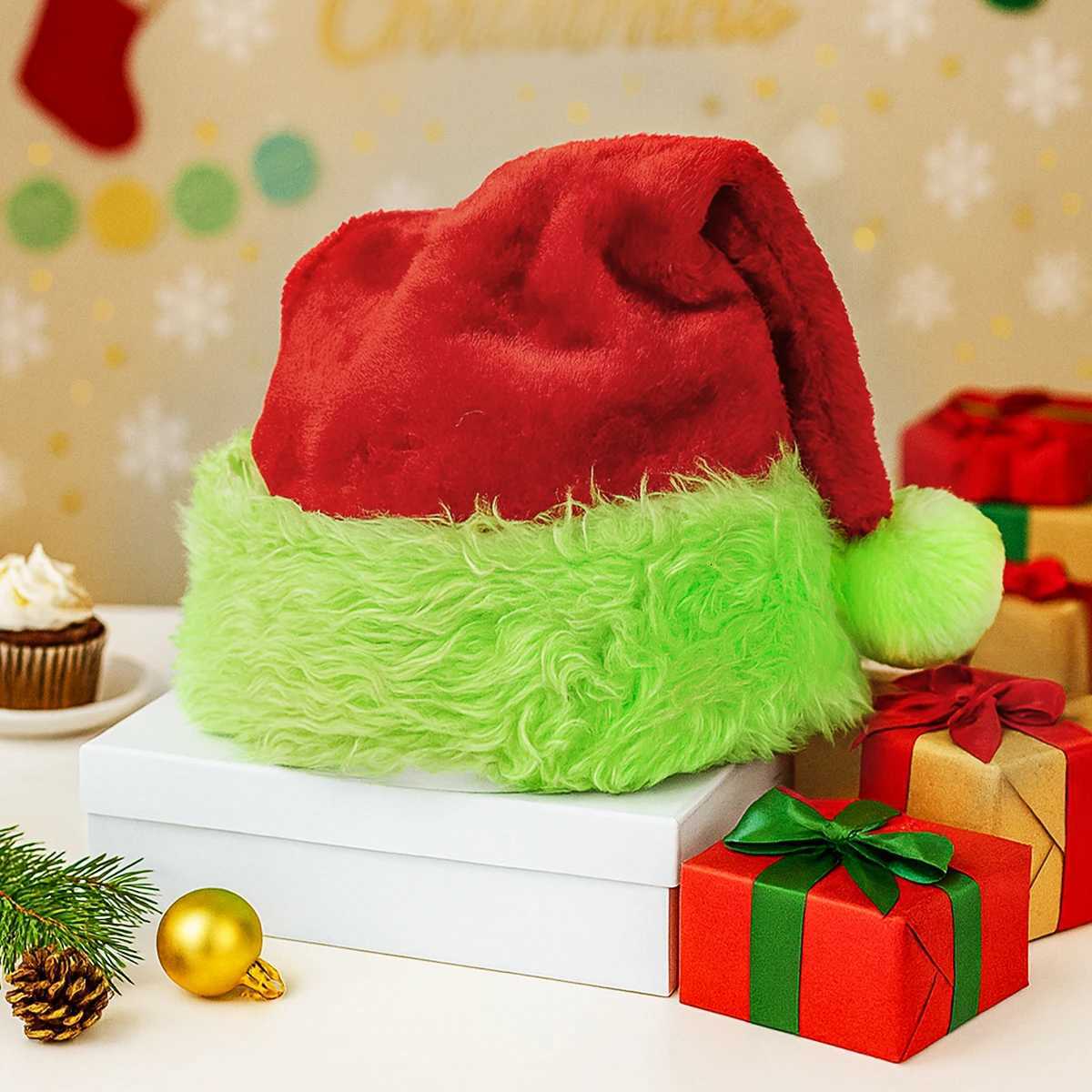 Christmas Santa Hat Christmas Decoration for Home 2025 Xmas Red Green Long Plush Holiday Hats Xmas Ornament New Year Gift 2026W251027