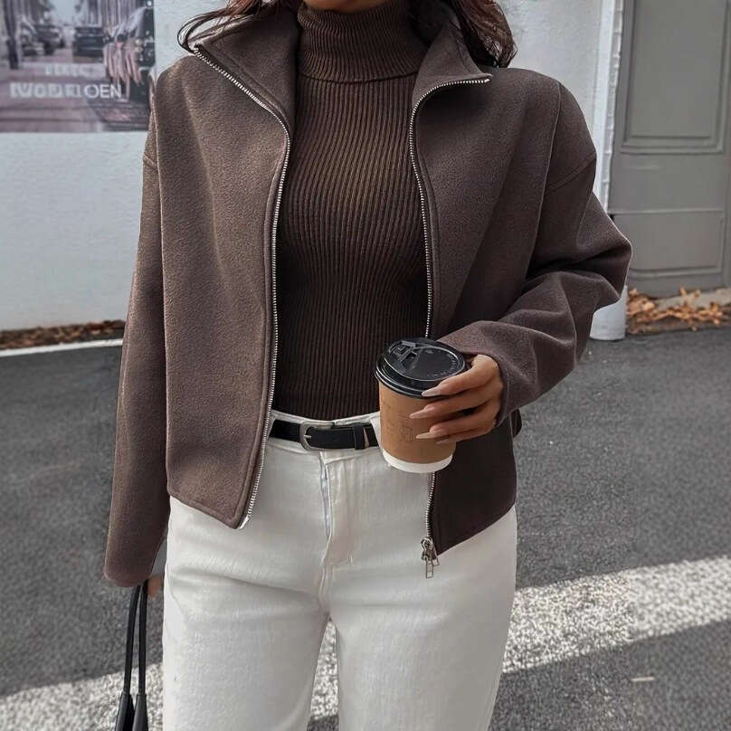 2025 Women's Autumn Winter New Street Style Fashion Casual Coat Simple Solid Color Woolen Jacket f9da